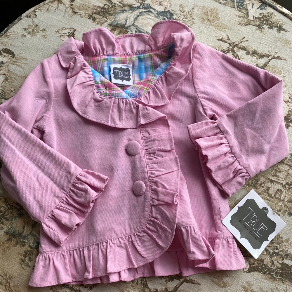 NWT TRUE pink corduroy jacket with ruffle